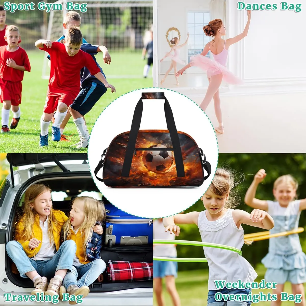 Soccer Fire Lightning Kids Overnighter Duffel Bags for Boys, Carry-On Size Sports Gym Bag with Front Zipper Pocket for School Practice or Overnight Travel Weekender Sleepover Tote Bag