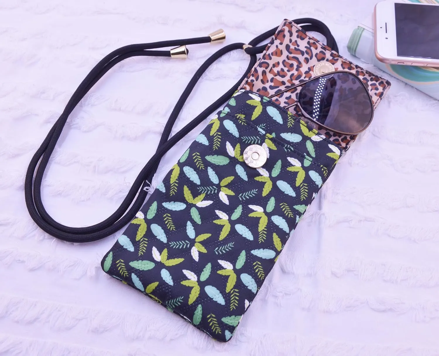 Soft Glasses Case Double Eyeglasses Case for Women with Adjustable Shoulder Strap and Key Chain Cell Phone Purse