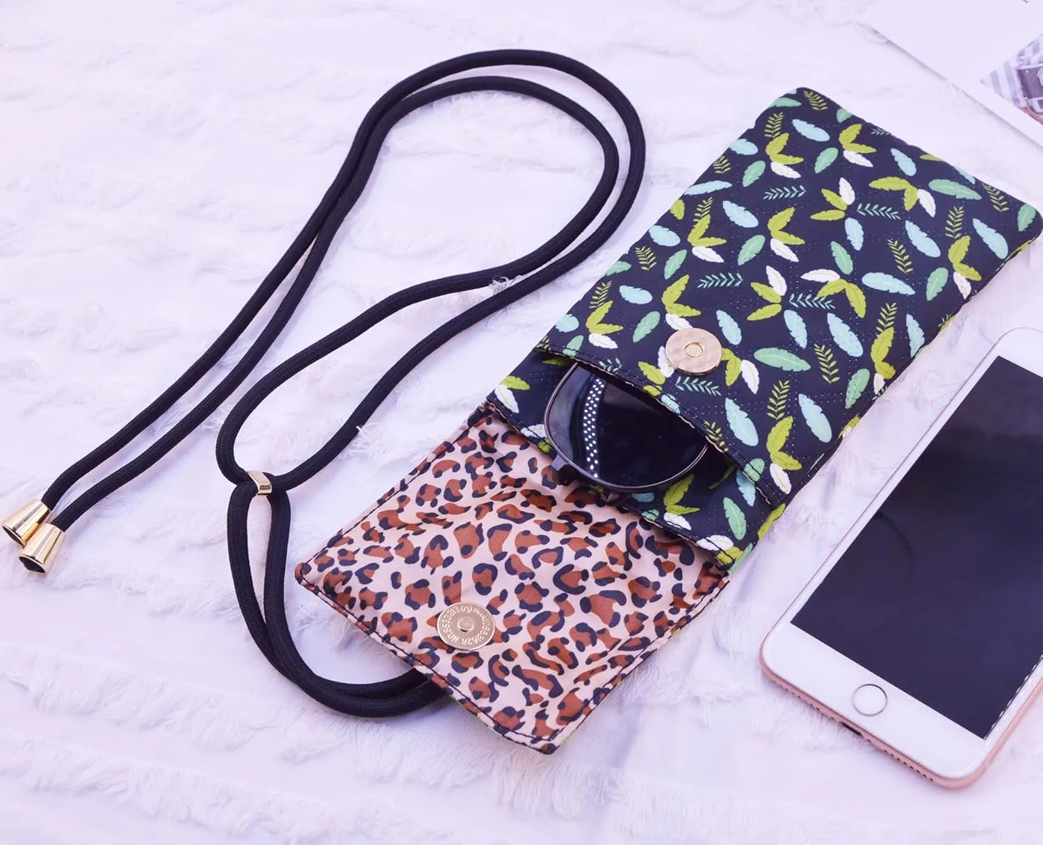 Soft Glasses Case Double Eyeglasses Case for Women with Adjustable Shoulder Strap and Key Chain Cell Phone Purse