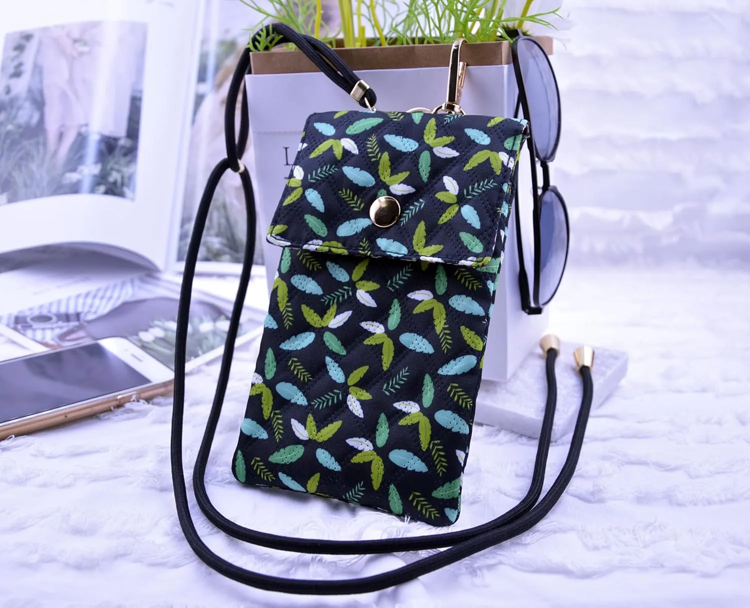 Soft Glasses Case Double Eyeglasses Case for Women with Adjustable Shoulder Strap and Key Chain Cell Phone Purse