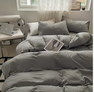 Solid Color 100% Washed Cotton Duvet Cover Set,4-Piece Reversible Quilt Cover Queen Size,Soft Comforter Bedding Cover with Zipper Closure and 4 Corner Ties(Gray B,Twin XL)