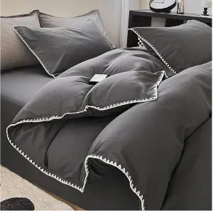 Solid Color 100% Washed Cotton Duvet Cover Set,4-Pieces Quilt Cover Queen Size,Soft Comforter Bedding Cover with Zipper Closure and 4 Corner Ties(Gray B,Twin XL)