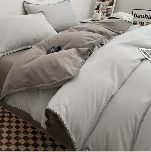 Solid Color 100% Washed Cotton Duvet Cover Set,4-Pieces Reversible Quilt Cover Full Size,Soft Comforter Bedding Cover with Zipper Closure and 4 Corner Ties(Gray B,Twin)