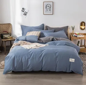 Solid Color Bedding Duvet Cover Set,100% Washed Cotton Twill Thick Quilt Cover Full Size,4-Piece Soft Reversible Quilt Cover with Zipper Closure&Corner Ties(Blue B,Twin(3pcs))