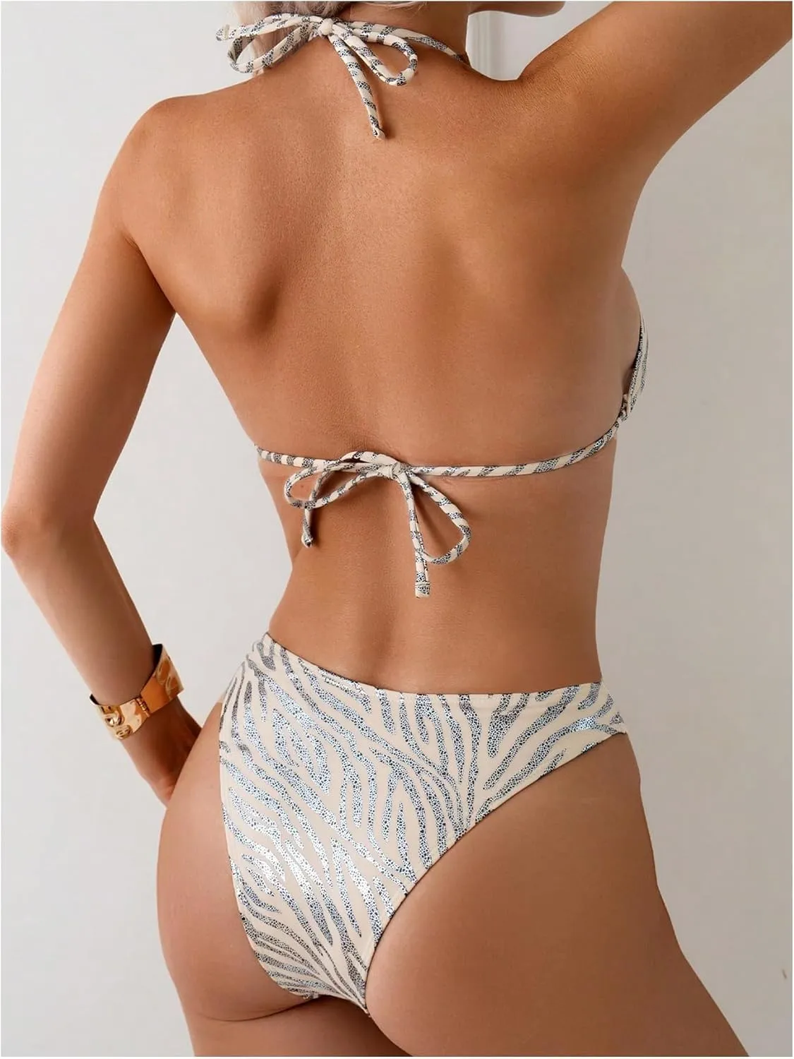 SOLY HUX Women's Zebra Print Halter Swimsuit Tie Back High Cut Bikini Set 2 Piece Bathing Suit