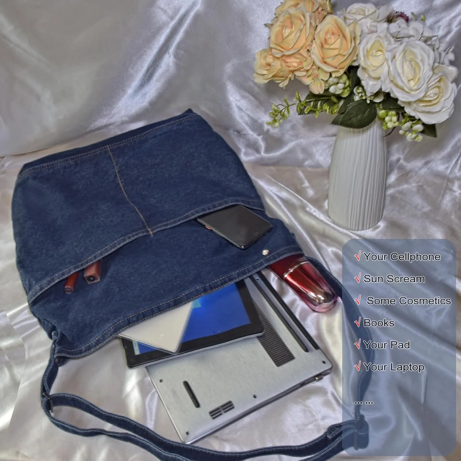SoonerCozer Women's Stylish Large Denim Crossbody Messenger Bag for School Spacious Jean Shoulder Purse Tote Hobo Bag