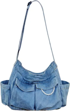 SoonerCozer Women's Stylish Large Denim Crossbody Messenger Bag for School Spacious Jean Shoulder Purse Tote Hobo Bag