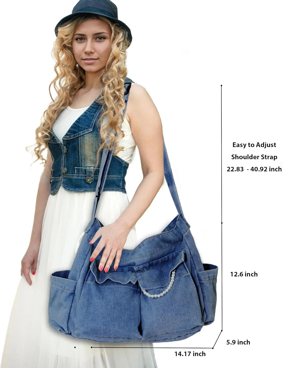 SoonerCozer Women's Stylish Large Denim Crossbody Messenger Bag for School Spacious Jean Shoulder Purse Tote Hobo Bag