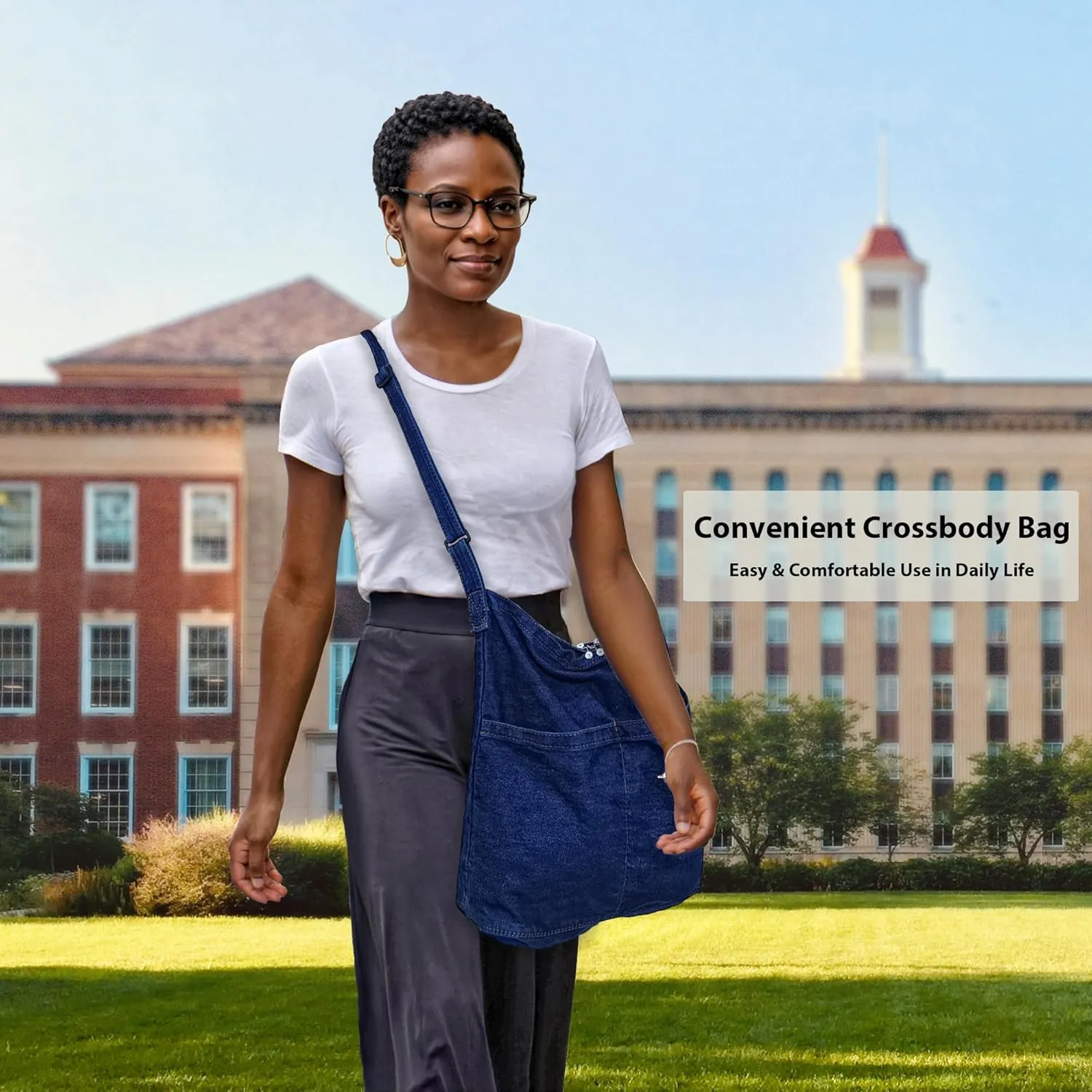 SoonerCozer Women's Stylish Large Denim Crossbody Messenger Bag for School Spacious Jean Shoulder Purse Tote Hobo Bag