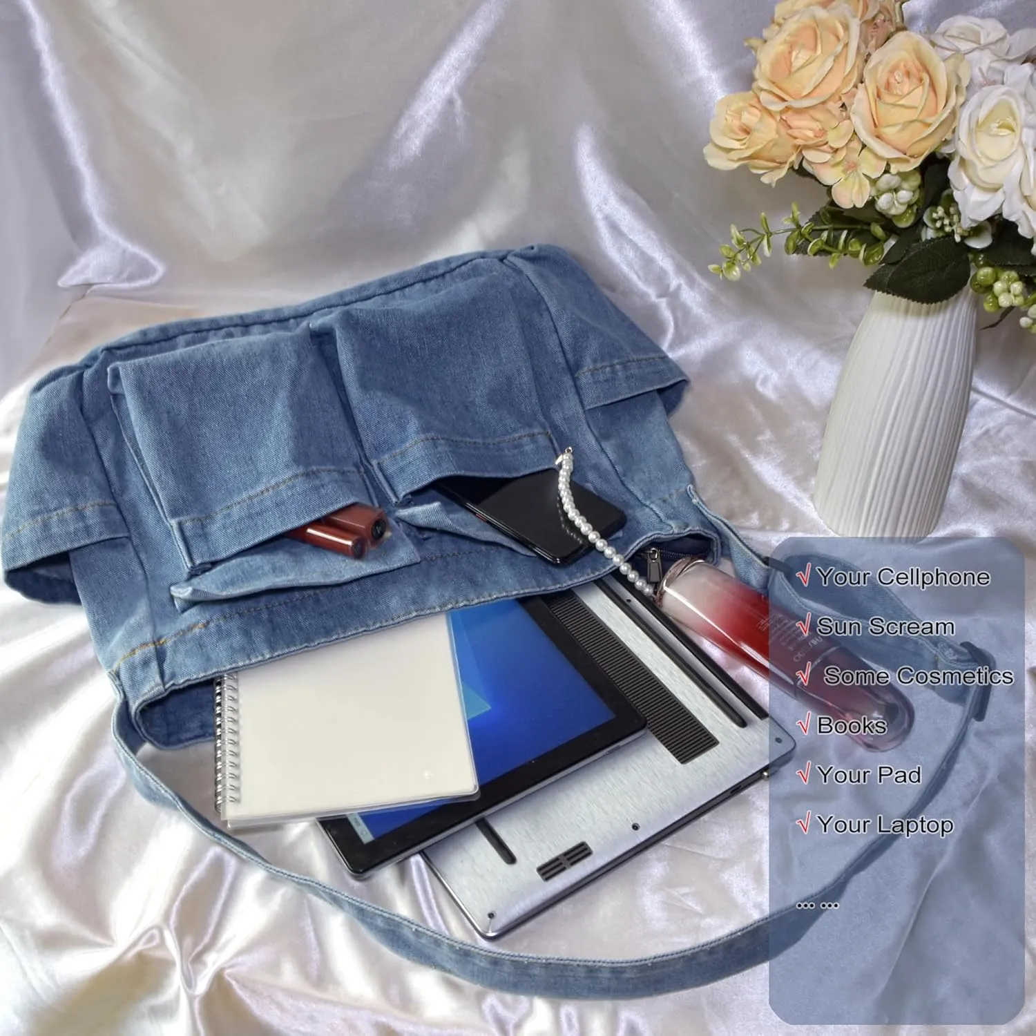 SoonerCozer Women's Stylish Large Denim Crossbody Messenger Bag for School Spacious Jean Shoulder Purse Tote Hobo Bag