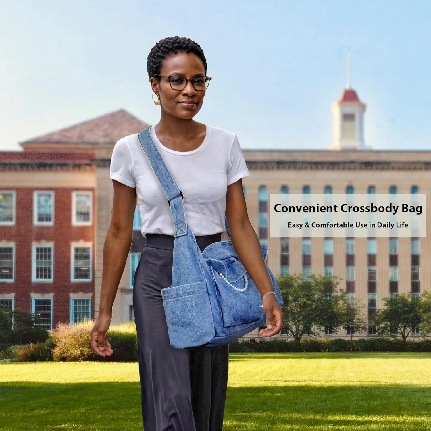 SoonerCozer Women's Stylish Large Denim Crossbody Messenger Bag for School Spacious Jean Shoulder Purse Tote Hobo Bag