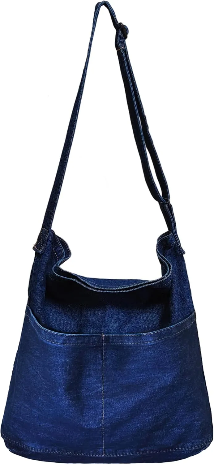 SoonerCozer Women's Stylish Large Denim Crossbody Messenger Bag for School Spacious Jean Shoulder Purse Tote Hobo Bag
