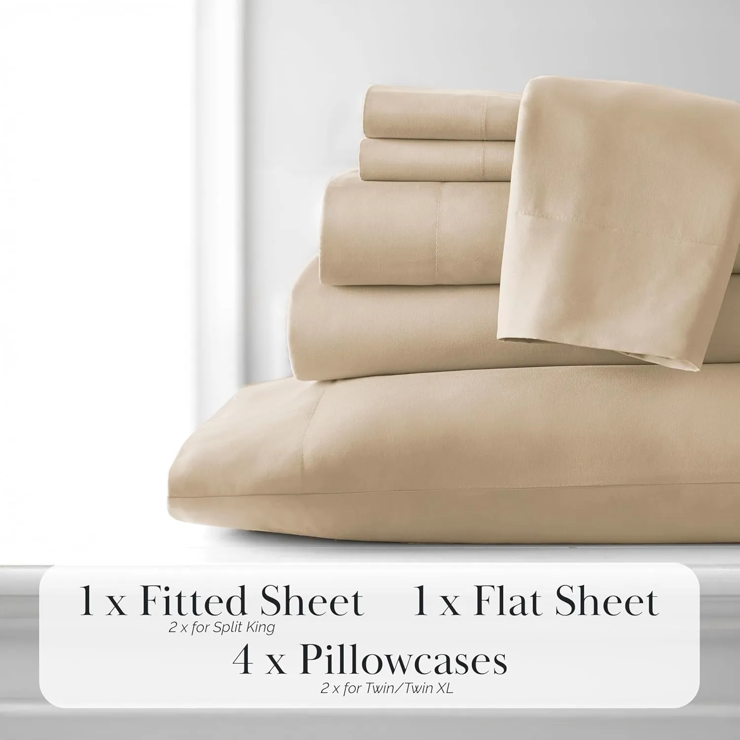 Southshore Fine Living, Inc. 7-Piece Split King Sheets Sets for Adjustable Bed, 21-Inch Extra Deep Pocket King Sheets, Deep Pocket Fitted Sheet, Flat Sheet, Beige Pillow Cases, Tan Bedding, Soft Sand