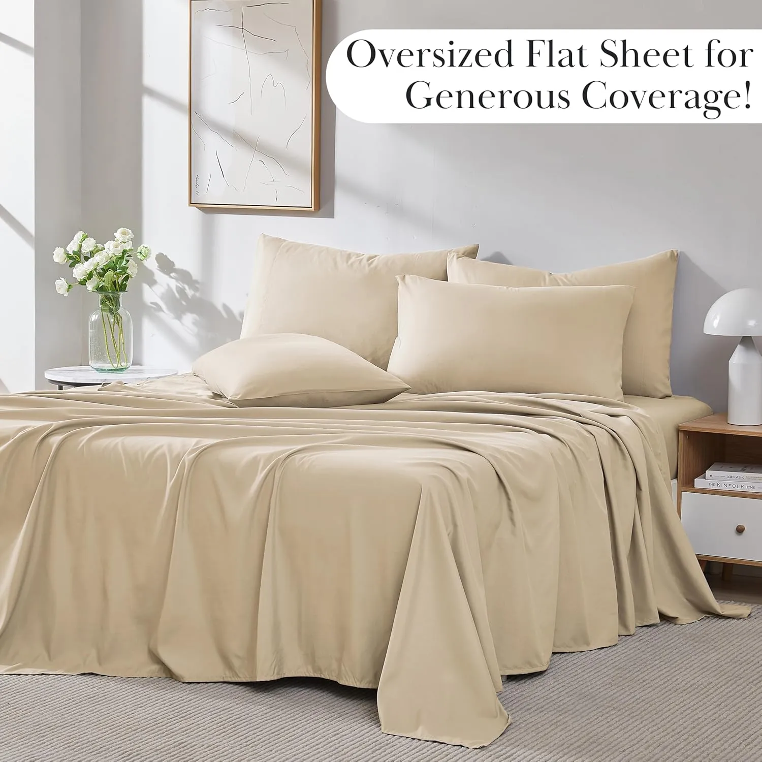 Southshore Fine Living, Inc. 7-Piece Split King Sheets Sets for Adjustable Bed, 21-Inch Extra Deep Pocket King Sheets, Deep Pocket Fitted Sheet, Flat Sheet, Beige Pillow Cases, Tan Bedding, Soft Sand