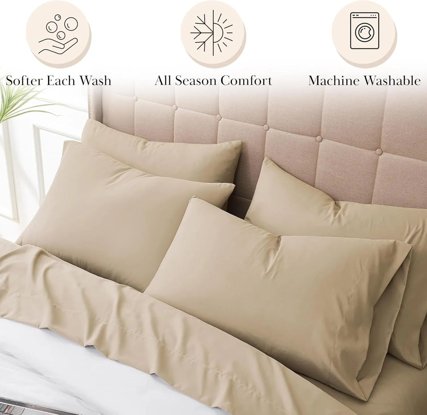 Southshore Fine Living, Inc. 7-Piece Split King Sheets Sets for Adjustable Bed, 21-Inch Extra Deep Pocket King Sheets, Deep Pocket Fitted Sheet, Flat Sheet, Beige Pillow Cases, Tan Bedding, Soft Sand