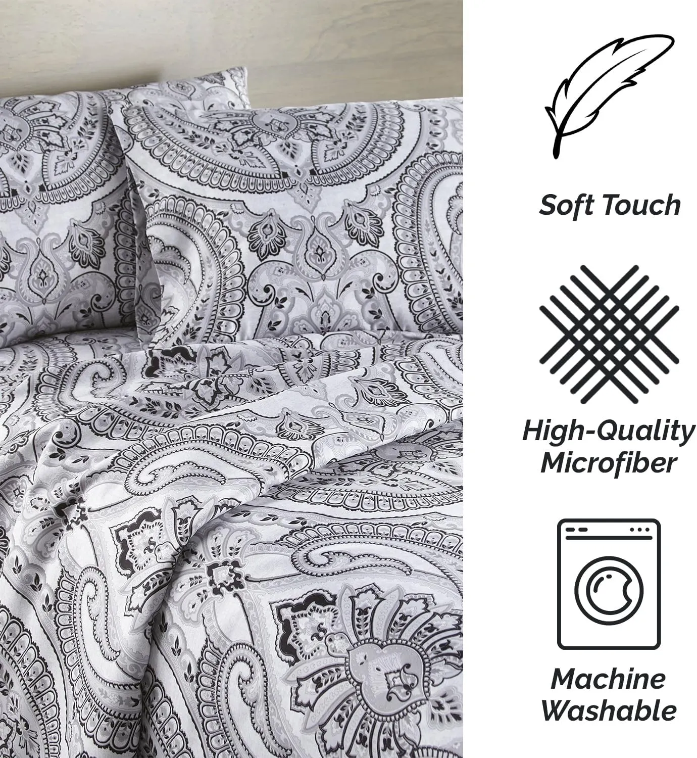 Southshore Fine Living, Inc. Pure Melody Collection, 4-Piece Premium Bedding Set, Black Flat Sheet, 14" Deep Pocket Full Size Fitted Sheet and Pillow Cases, Black Sheets, Microfiber Sheets