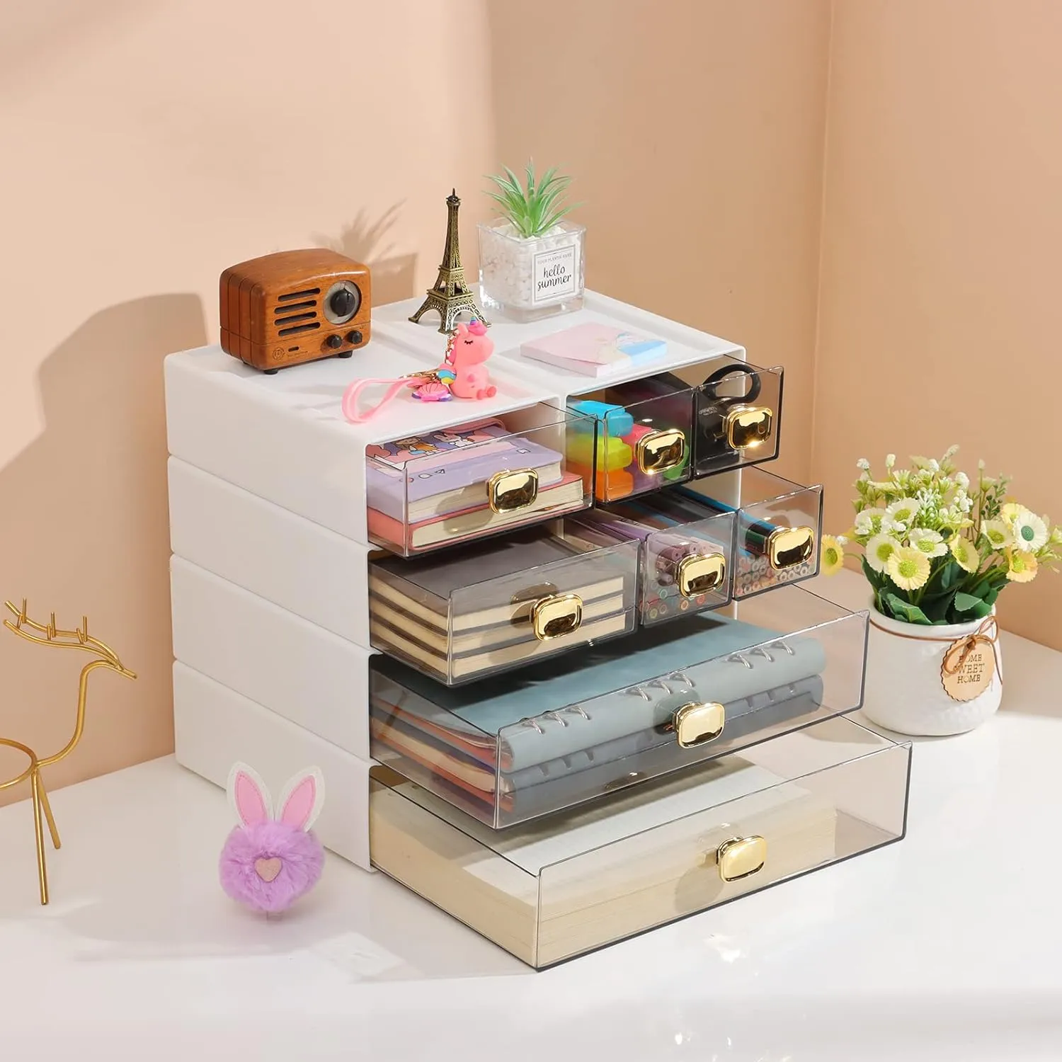 Spacious Desk Drawers, Stackable Desktop Organizer, Plastic Storage Box for Office, School & Home Supplies (1 Middle & 2 Small Drawers, White)