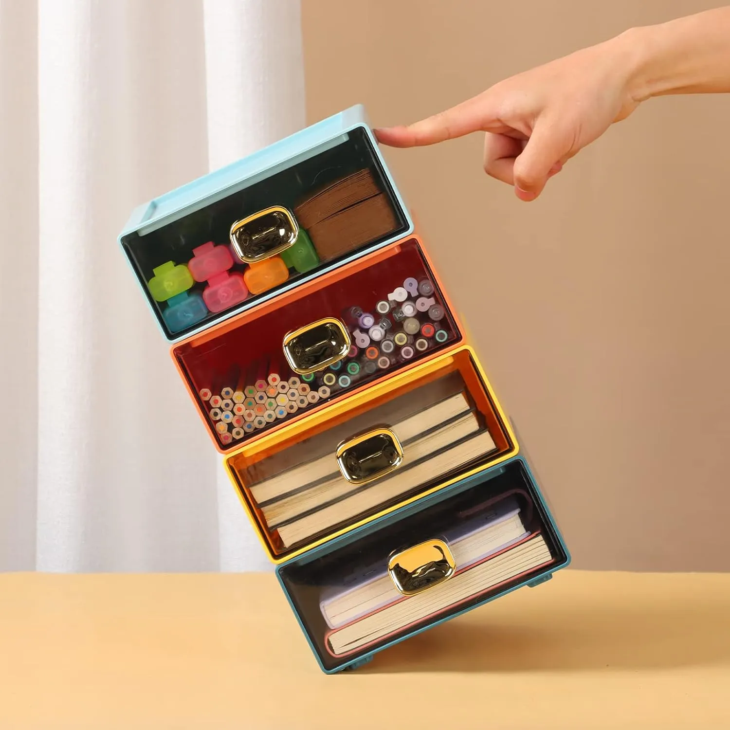 Spacious Desk Drawers, Stackable Desktop Organizer, Plastic Storage Box for Office, School & Home Supplies (1 Middle & 2 Small Drawers, White)