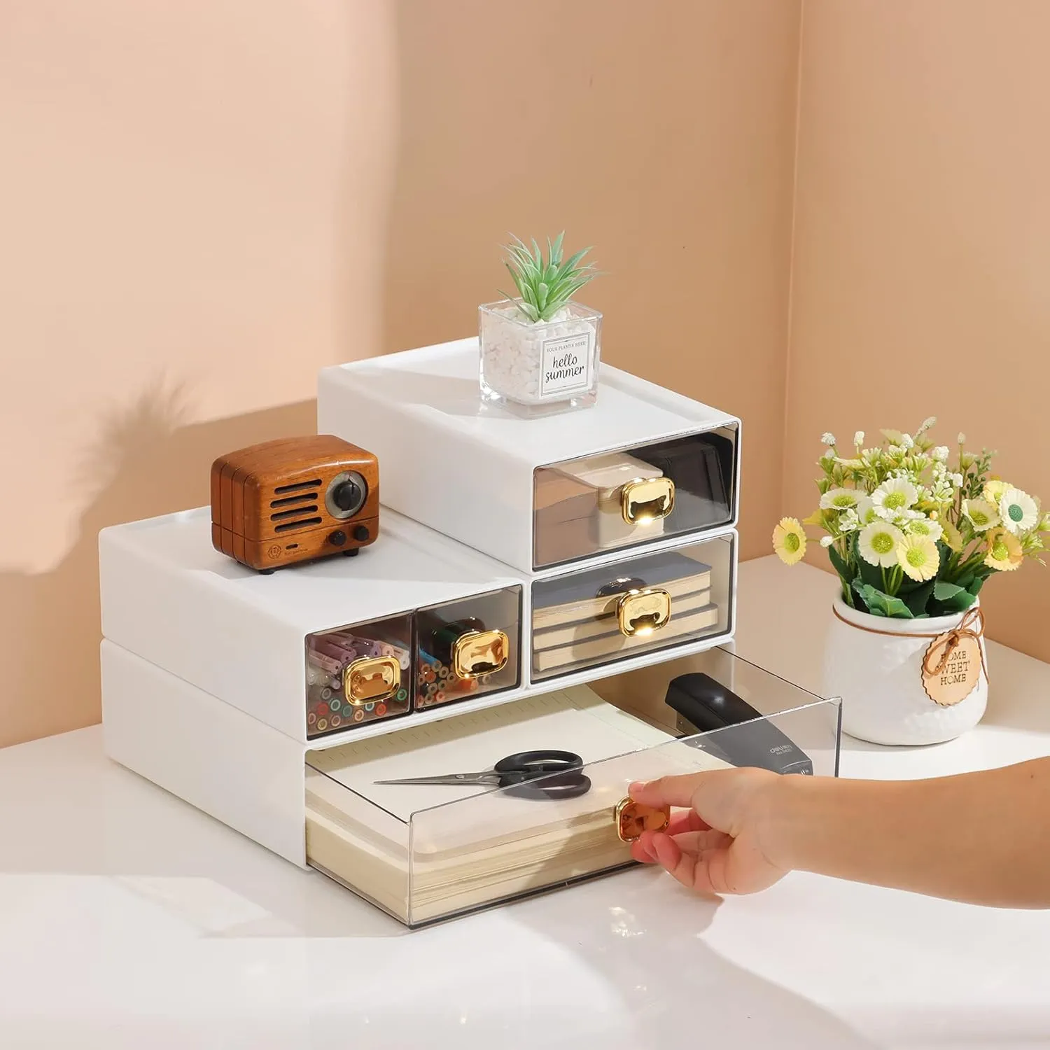 Spacious Desk Drawers, Stackable Desktop Organizer, Plastic Storage Box for Office, School & Home Supplies (1 Middle & 2 Small Drawers, White)