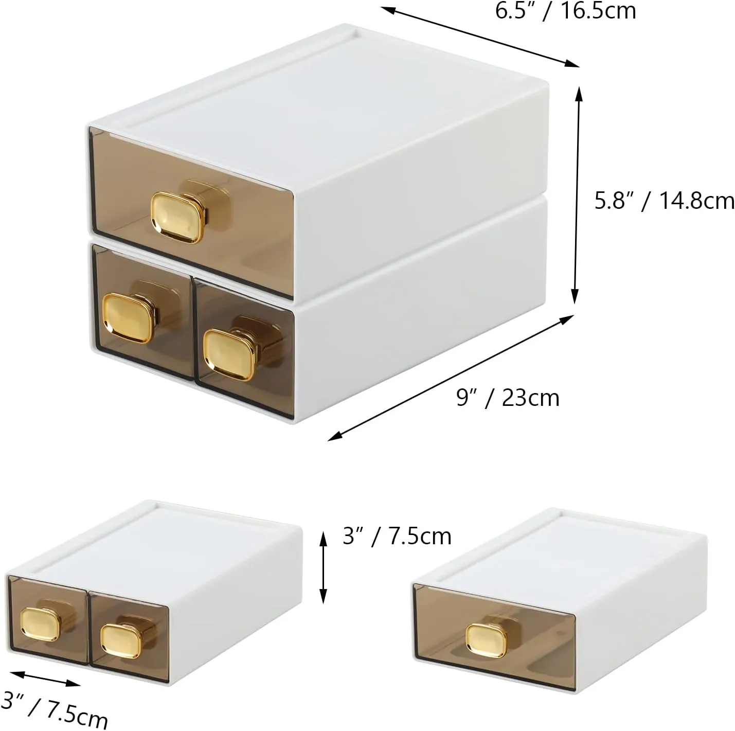 Spacious Desk Drawers, Stackable Desktop Organizer, Plastic Storage Box for Office, School & Home Supplies (1 Middle & 2 Small Drawers, White)