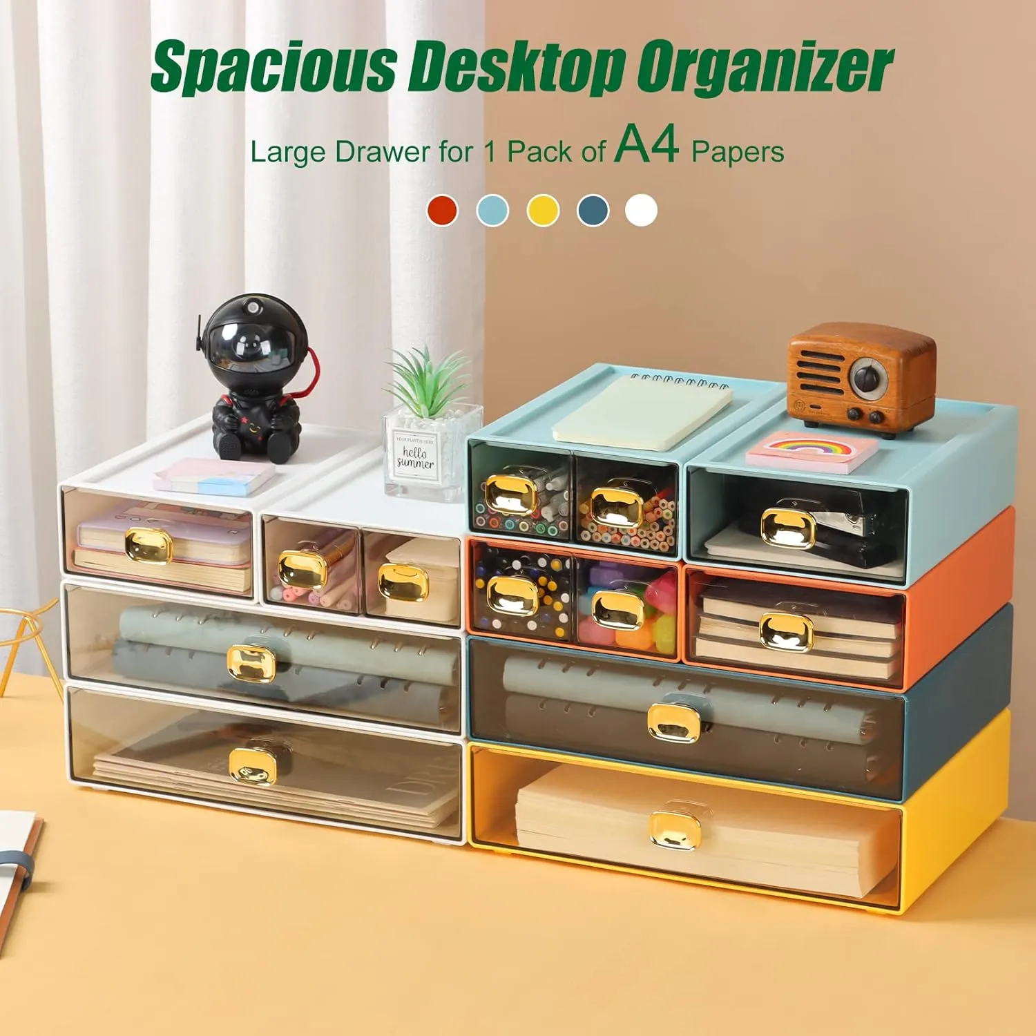 Spacious Desk Drawers, Stackable Desktop Organizer, Plastic Storage Box for Office, School & Home Supplies (1 Middle & 2 Small Drawers, White)