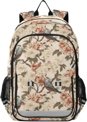 Sparrow White Pink Flowers Kids Backpack Large Elementary Backpacks Middle School Backpack Bag Cute Bookbag Book Bags with Reflective Strips for Travel Child Boys Girls Students