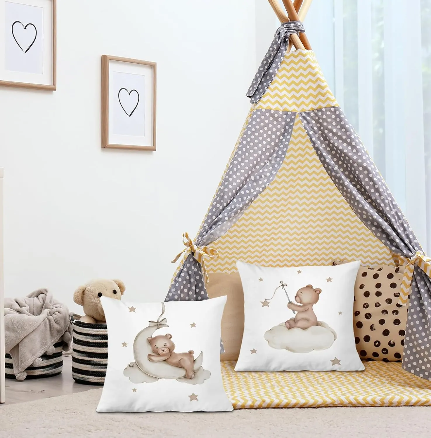 SPBL&L Baby Bear Pillow Covers 18x18, Bear Nursery Decor, Woodland Animals Nursery Decor for Boys Girls, Cute Baby Bear Moon Decorative Pillow Covers for Toddler Kids Room Playroom Nursery, Set of 2