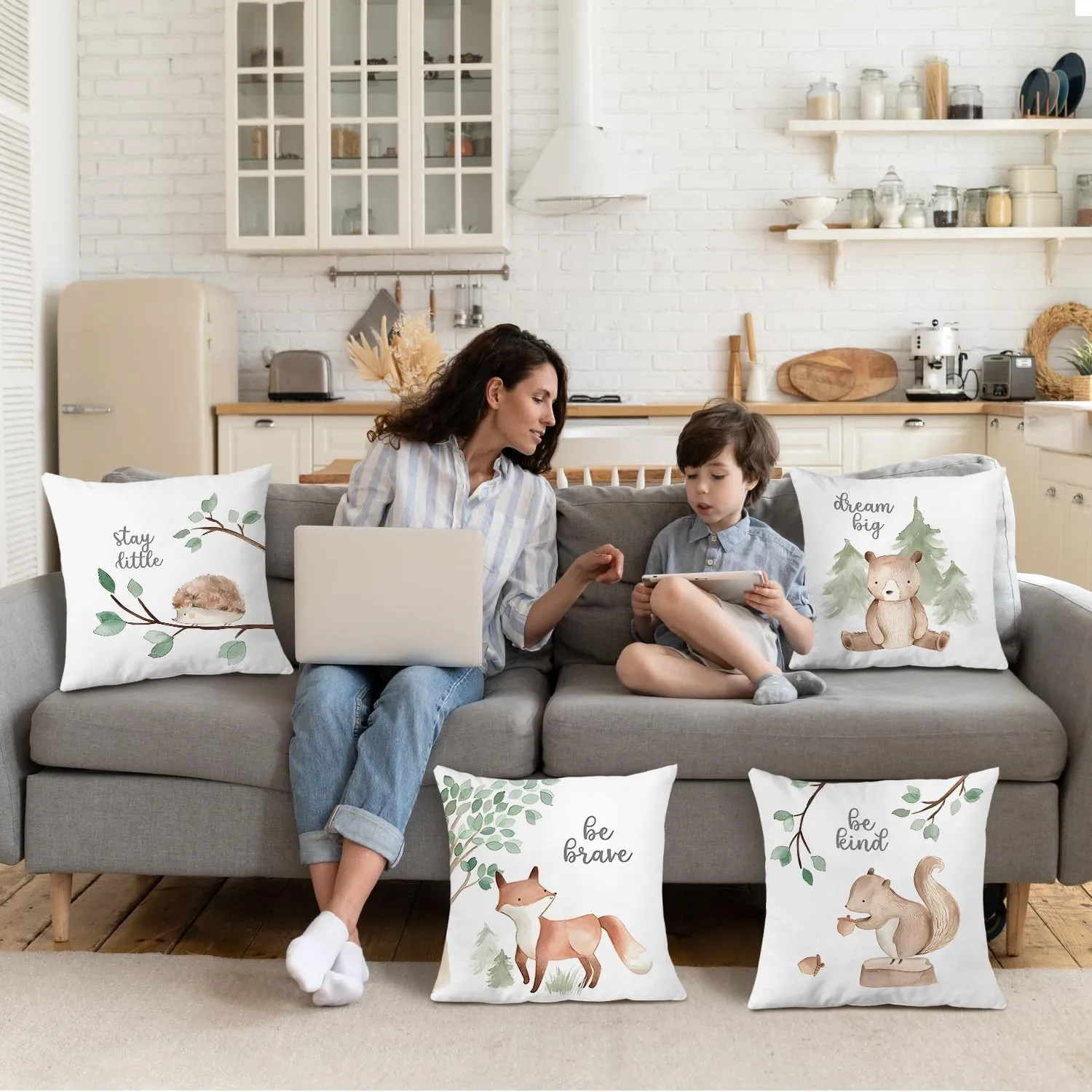 SPBL&L Woodland Animals Nursery Pillow Covers 18x18, Cute Baby Bear Fox Hedgehog Squirrel Decorative Pillow Covers for Nursery Kids Room Playroom Classroom Decor, Woodland Nursery Decor, Set of 4
