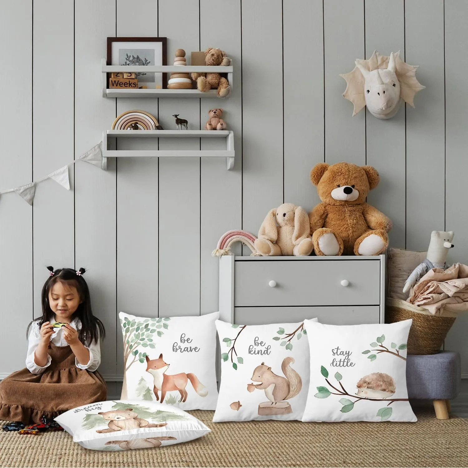 SPBL&L Woodland Animals Nursery Pillow Covers 18x18, Cute Baby Bear Fox Hedgehog Squirrel Decorative Pillow Covers for Nursery Kids Room Playroom Classroom Decor, Woodland Nursery Decor, Set of 4