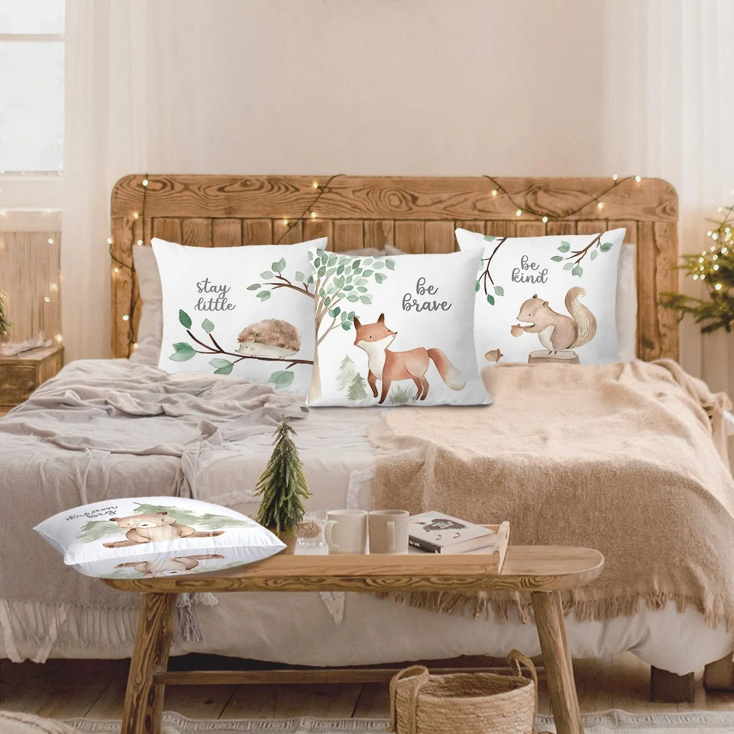 SPBL&L Woodland Animals Nursery Pillow Covers 18x18, Cute Baby Bear Fox Hedgehog Squirrel Decorative Pillow Covers for Nursery Kids Room Playroom Classroom Decor, Woodland Nursery Decor, Set of 4
