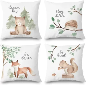 SPBL&L Woodland Animals Nursery Pillow Covers 18x18, Cute Baby Bear Fox Hedgehog Squirrel Decorative Pillow Covers for Nursery Kids Room Playroom Classroom Decor, Woodland Nursery Decor, Set of 4