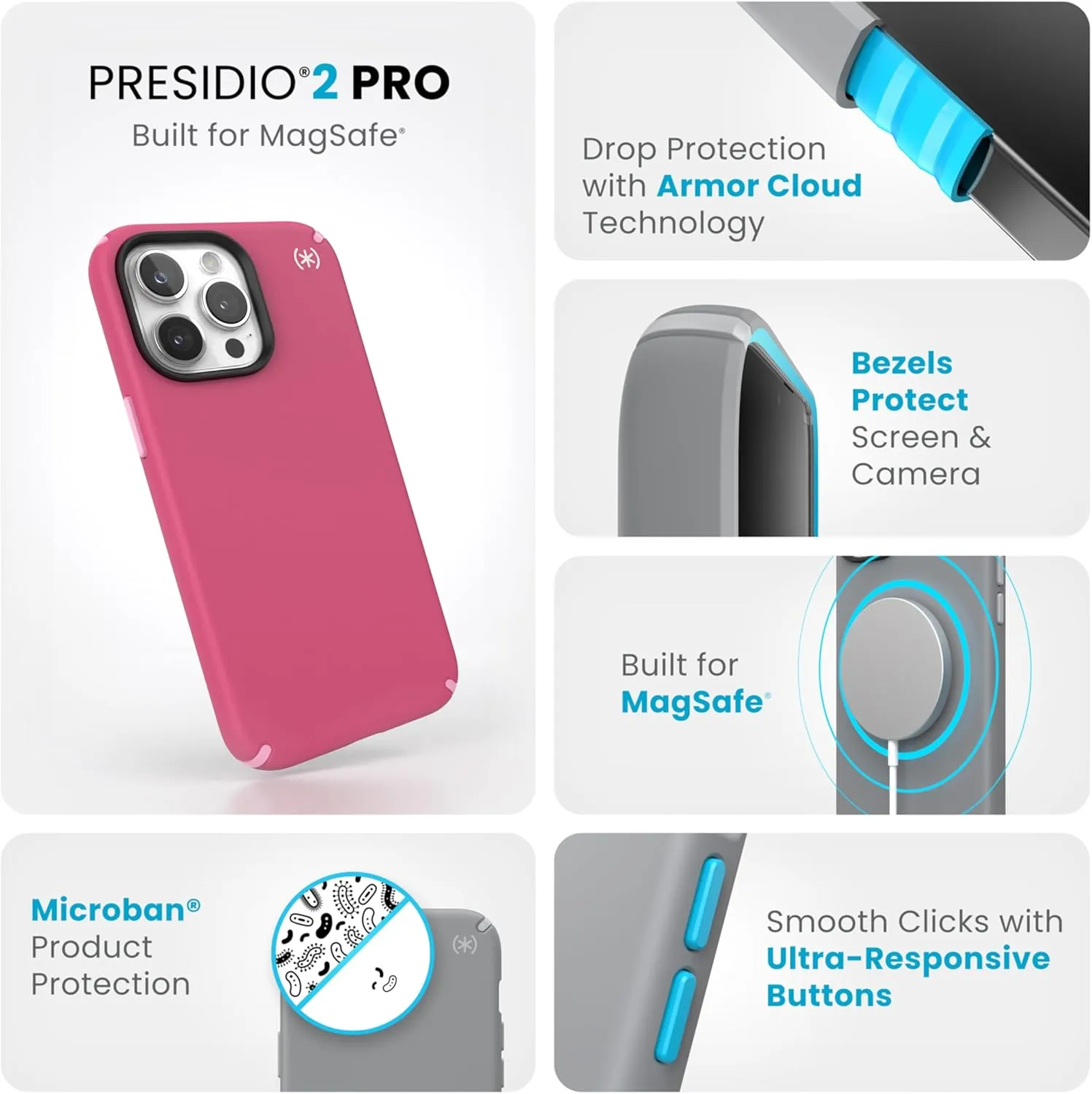 Speck iPhone 15 Pro Max Case - Built for MagSafe, Drop Protection - Scratch Resistant, Soft Touch, 6.7 Inch Phone Case - Presidio2 Pro Digital Pink/Blossom Pink/White