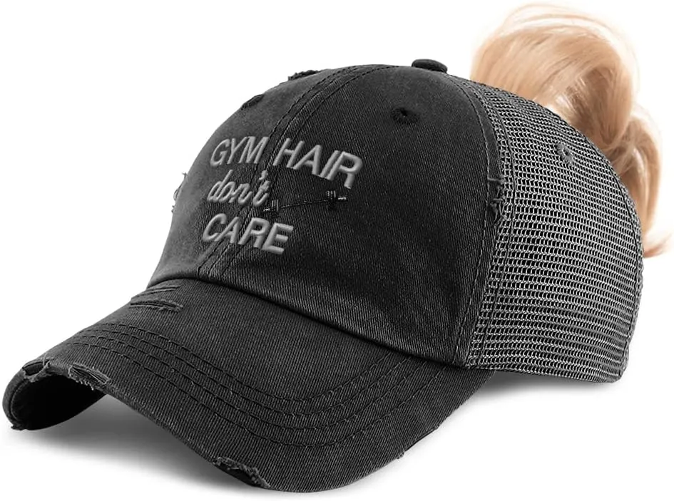 Speedy Pros Womens Ponytail Cap Gym Hair Don't Care Muscle Haircut Distressed Trucker Caps
