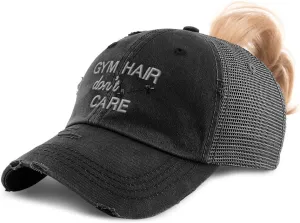 Speedy Pros Womens Ponytail Cap Gym Hair Don't Care Muscle Haircut Distressed Trucker Caps