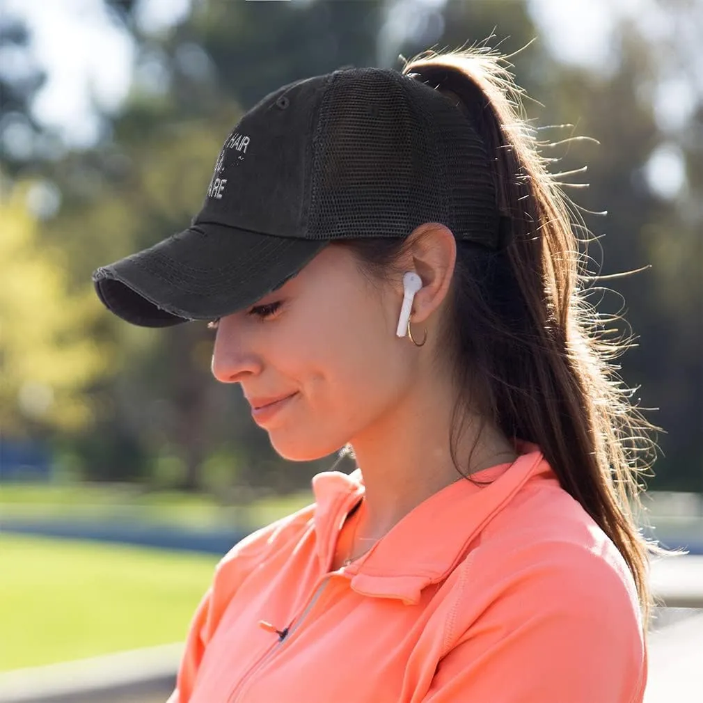 Speedy Pros Womens Ponytail Cap Gym Hair Don't Care Muscle Haircut Distressed Trucker Caps