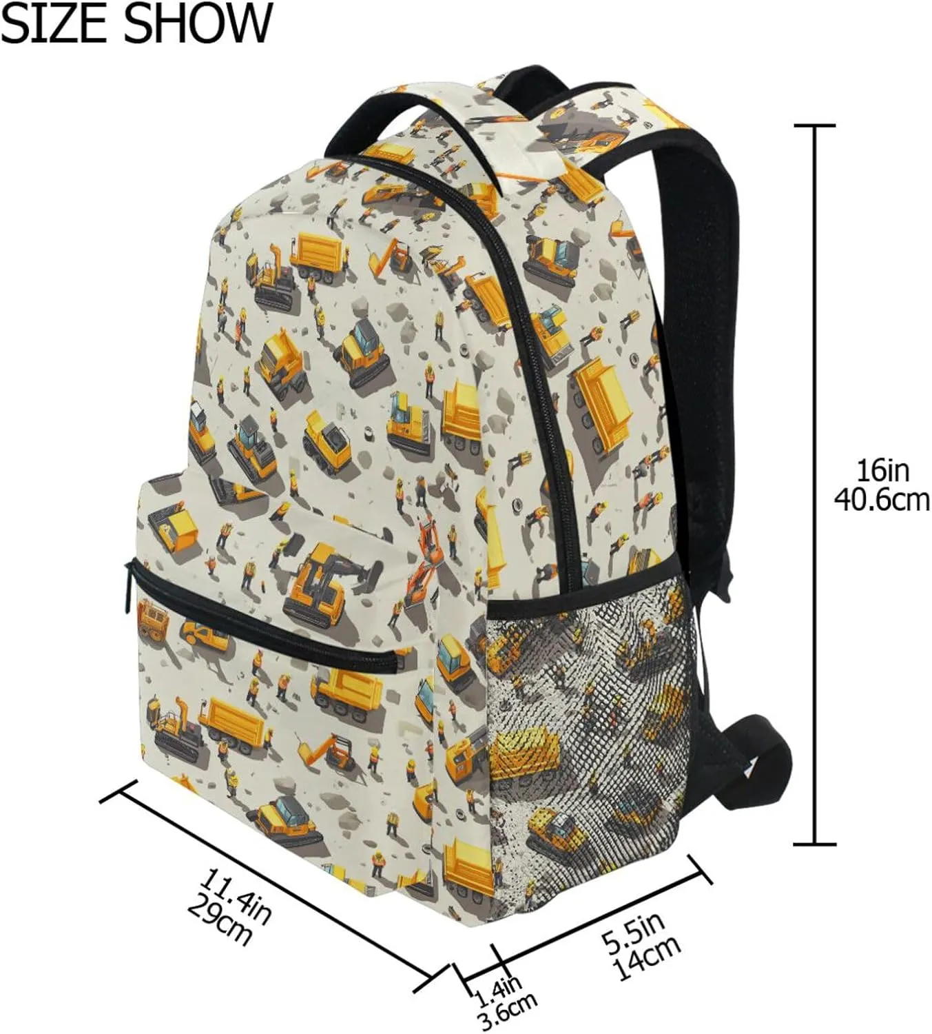 Sport Backpack for Women Men Waterproof Personal Backpack with Chest Strap for College Work Construction Scene Concrete Mixer Truck Bulldozer