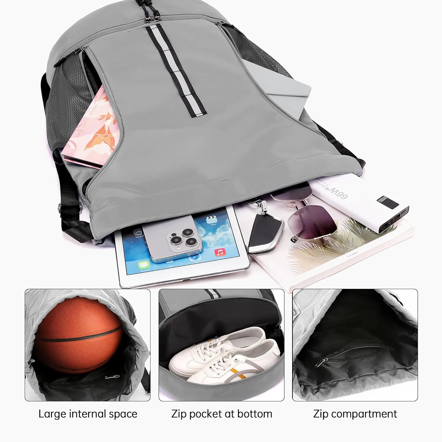 Sport Gym Bag Water Resistant Drawstring Backpack for Men Women with Shoes Compartment (Grey)