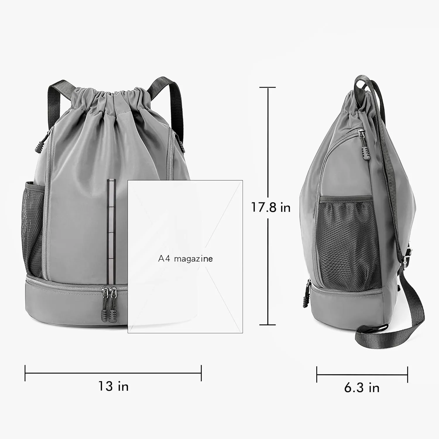 Sport Gym Bag Water Resistant Drawstring Backpack for Men Women with Shoes Compartment (Grey)