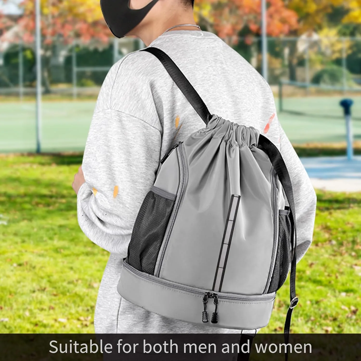 Sport Gym Bag Water Resistant Drawstring Backpack for Men Women with Shoes Compartment (Grey)