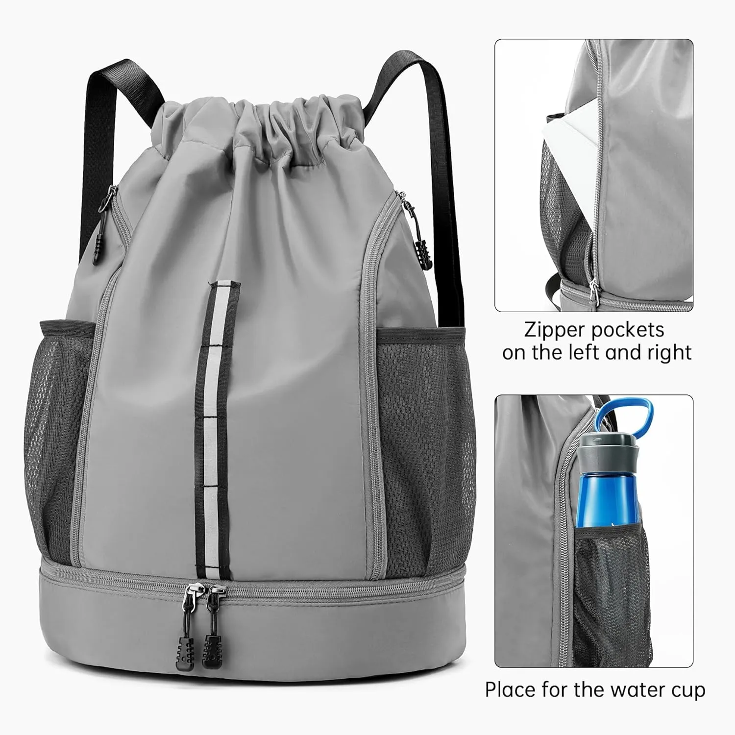 Sport Gym Bag Water Resistant Drawstring Backpack for Men Women with Shoes Compartment (Grey)