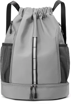Sport Gym Bag Water Resistant Drawstring Backpack for Men Women with Shoes Compartment (Grey)