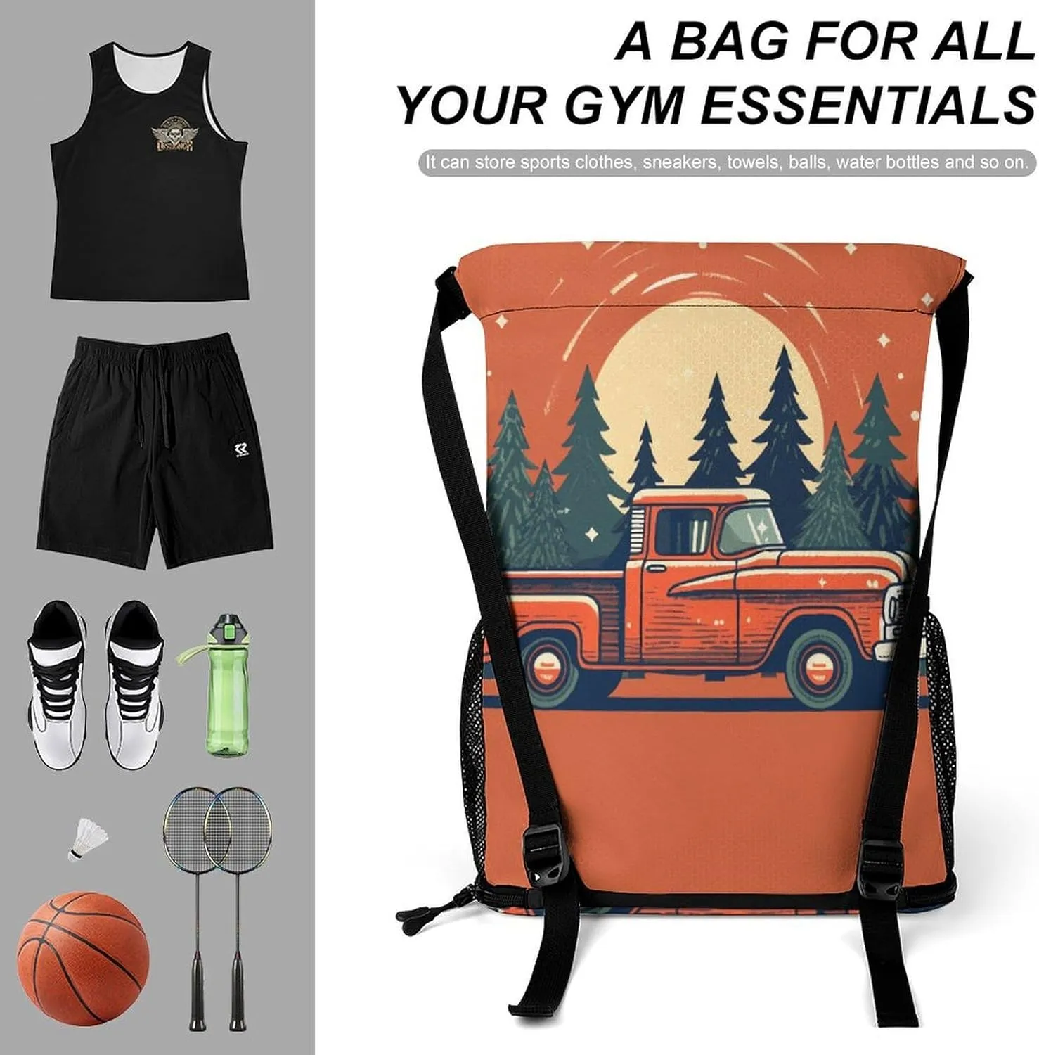 Sports Drawstring Backpack Lightweight Small Gym Bag Red Pickup Truck Carrying Gym Sackpack for Women Men