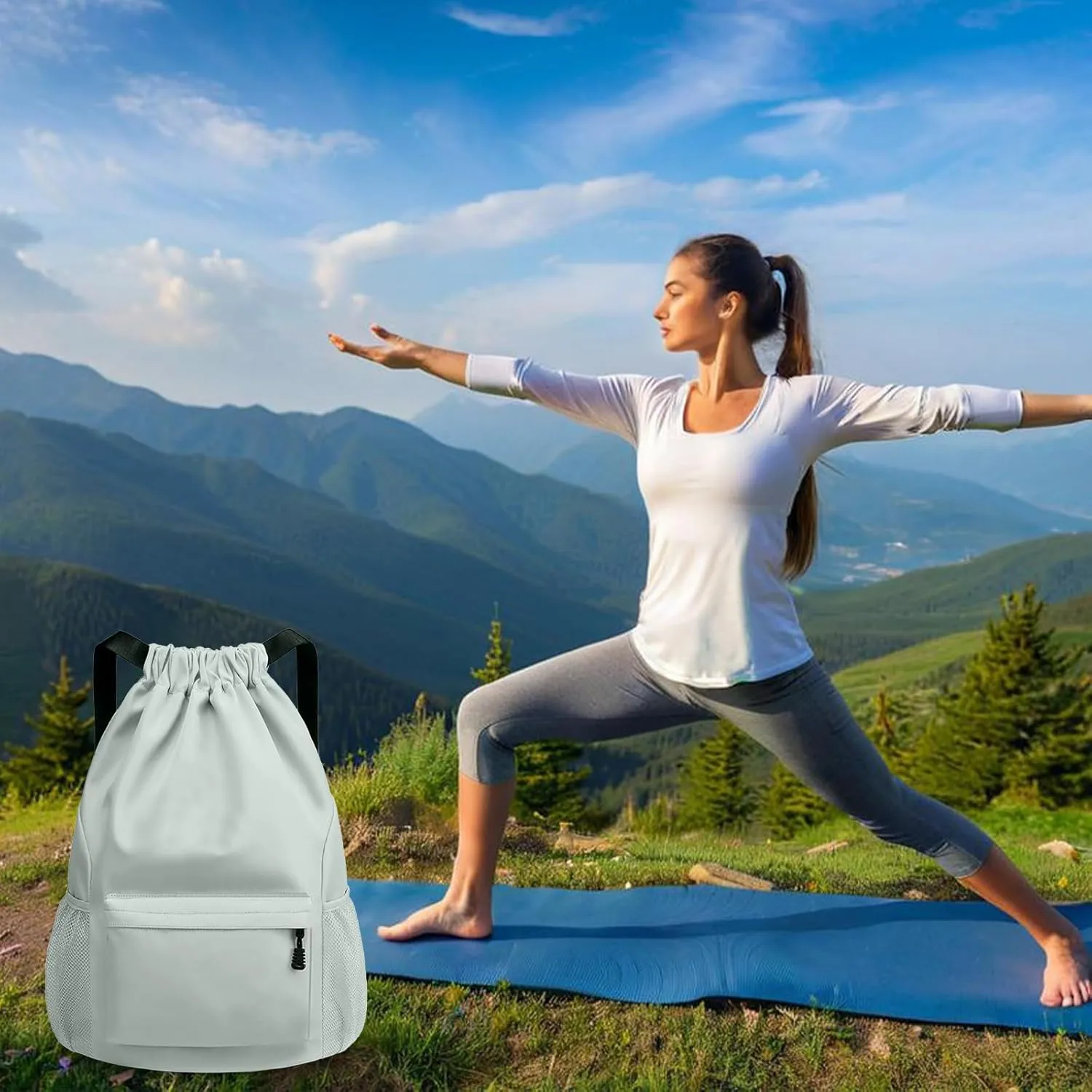 Sports Drawstring Backpack String Swimming Gym Bag Backpack with Shoes Compartment and Pocket for Men Women （light green）