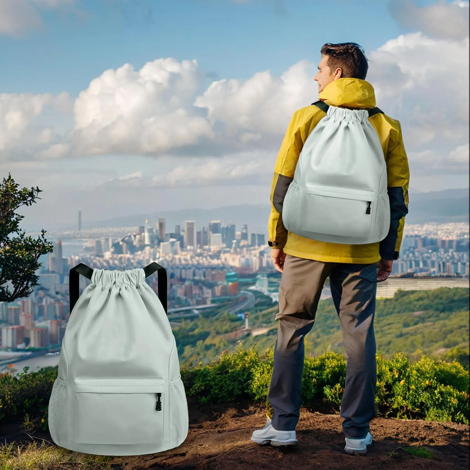 Sports Drawstring Backpack String Swimming Gym Bag Backpack with Shoes Compartment and Pocket for Men Women （light green）