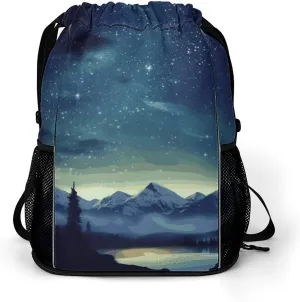 Sports Drawstring Backpack,Celestial Night Sky String Swim Gym Bag with Shoes Compartment Gym Drawstring Bag