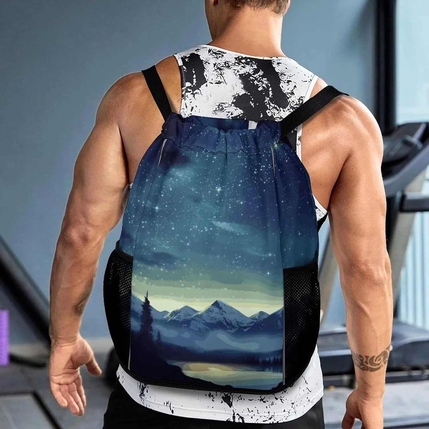 Sports Drawstring Backpack,Celestial Night Sky String Swim Gym Bag with Shoes Compartment Gym Drawstring Bag