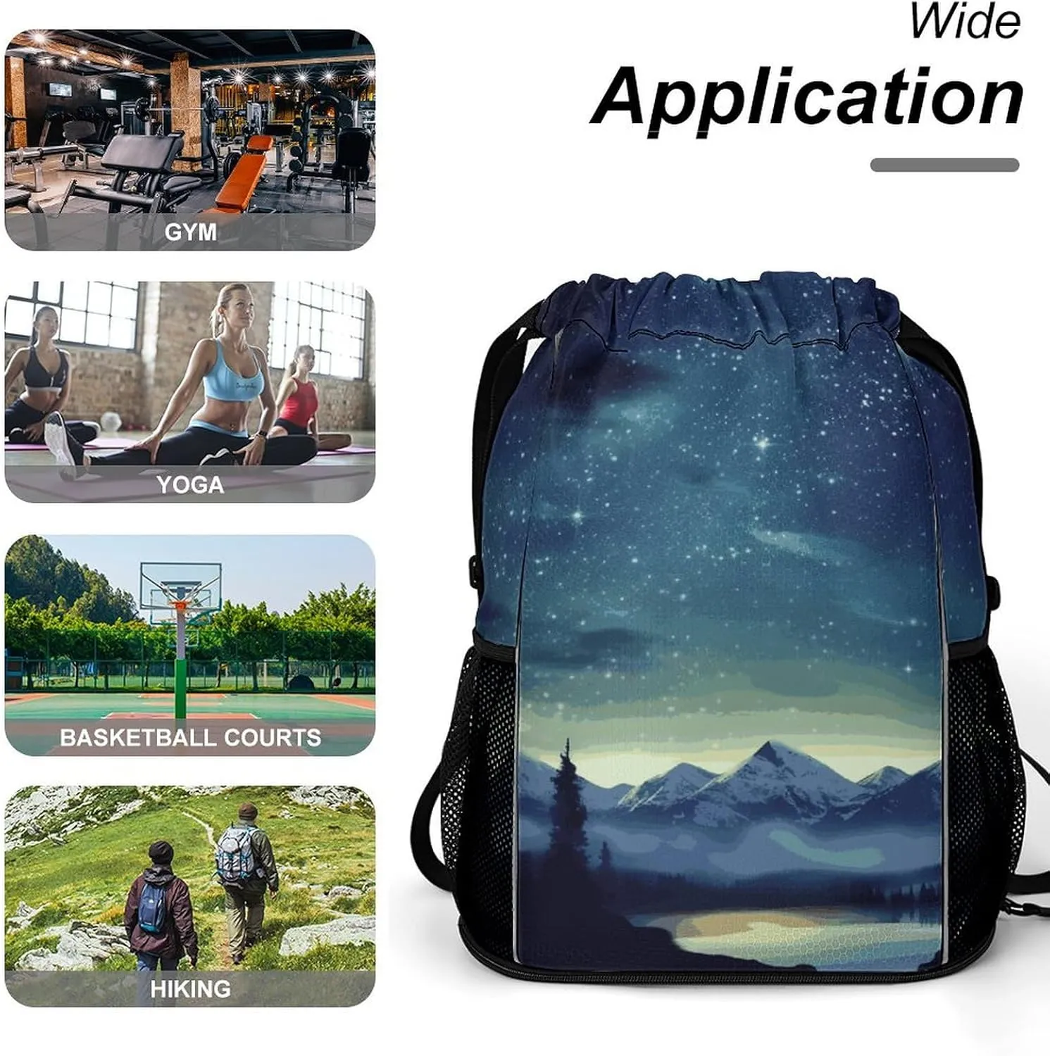Sports Drawstring Backpack,Celestial Night Sky String Swim Gym Bag with Shoes Compartment Gym Drawstring Bag