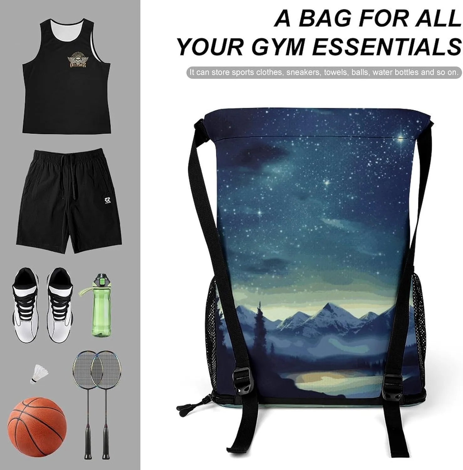 Sports Drawstring Backpack,Celestial Night Sky String Swim Gym Bag with Shoes Compartment Gym Drawstring Bag