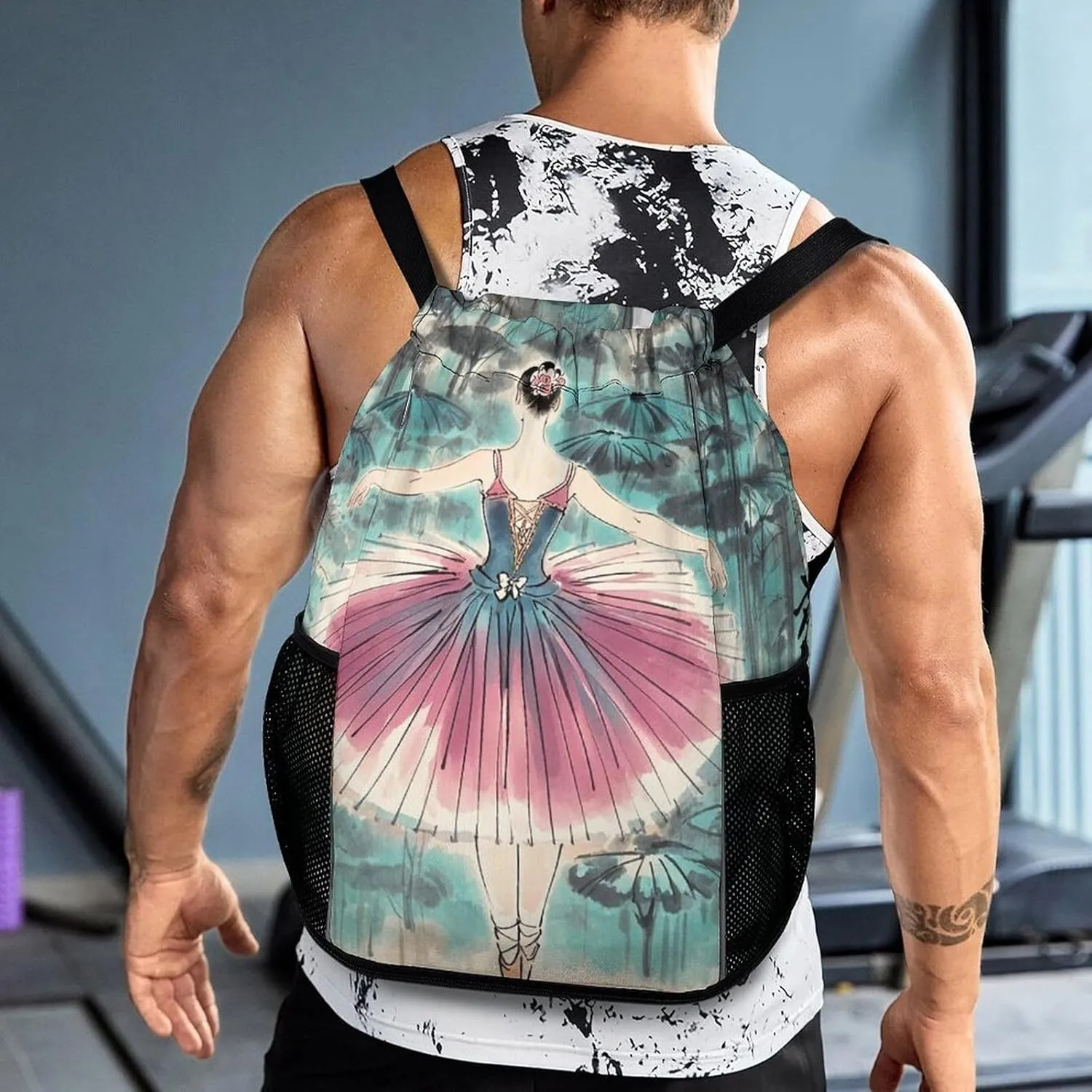 Sports Drawstring Backpack,Classical Ballet Elegant Ballerina String Swim Gym Bag with Shoes Compartment Gym Drawstring Bag