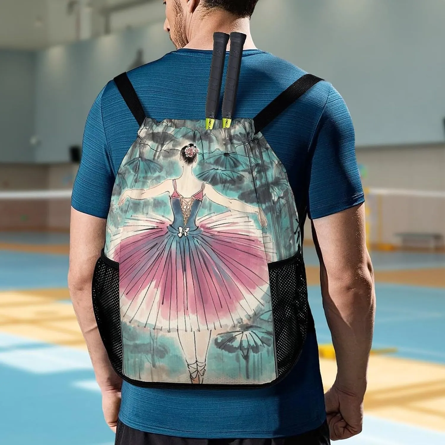Sports Drawstring Backpack,Classical Ballet Elegant Ballerina String Swim Gym Bag with Shoes Compartment Gym Drawstring Bag